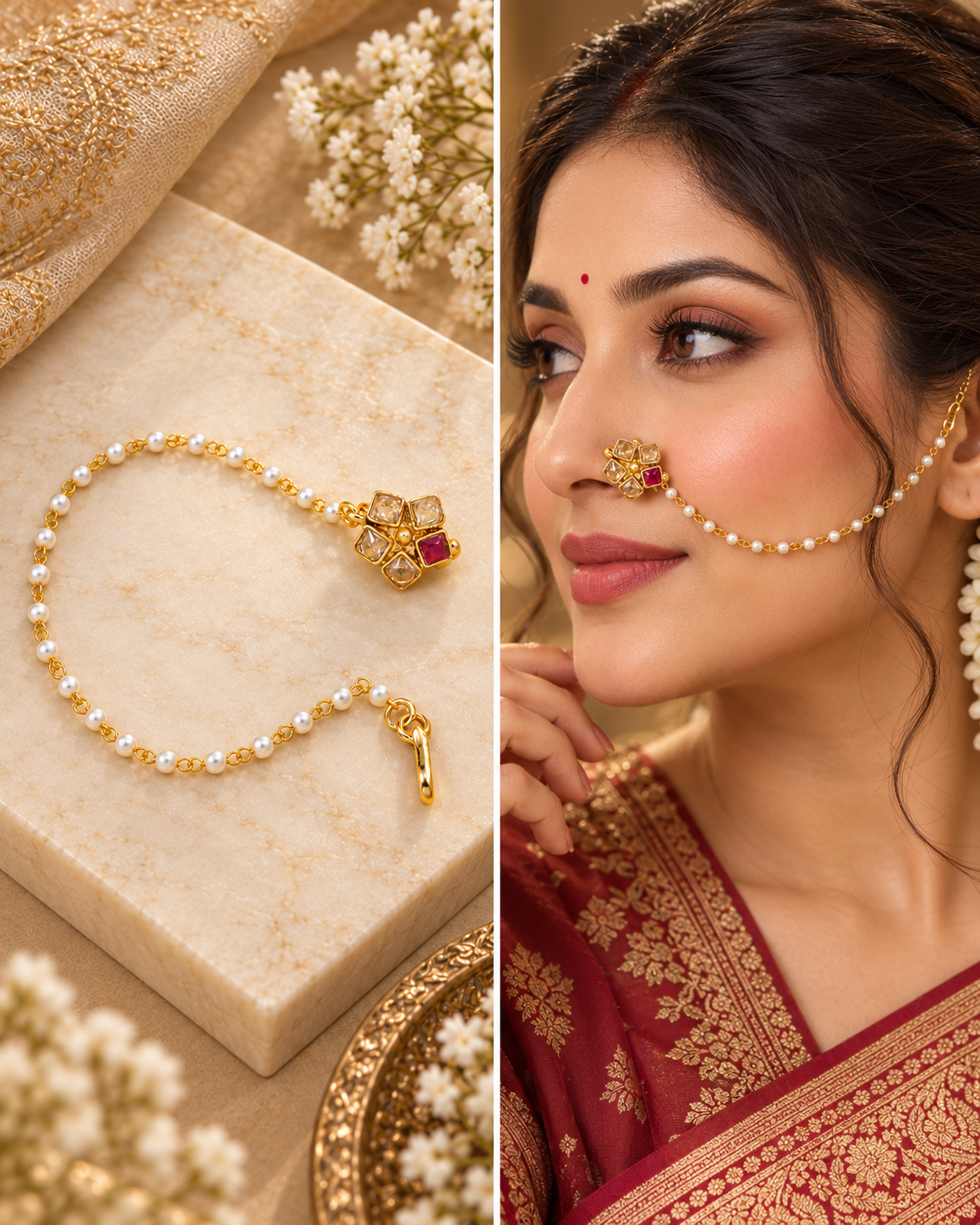 Traditional Gold-Plated Non-Pierced Nose Ring Nath With Pearl Chain For Woman